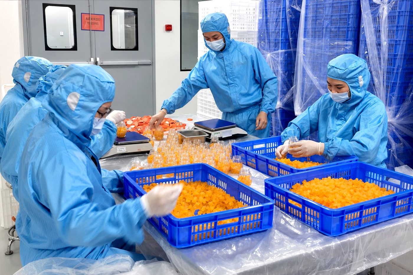 Workers filling gummies into bottles