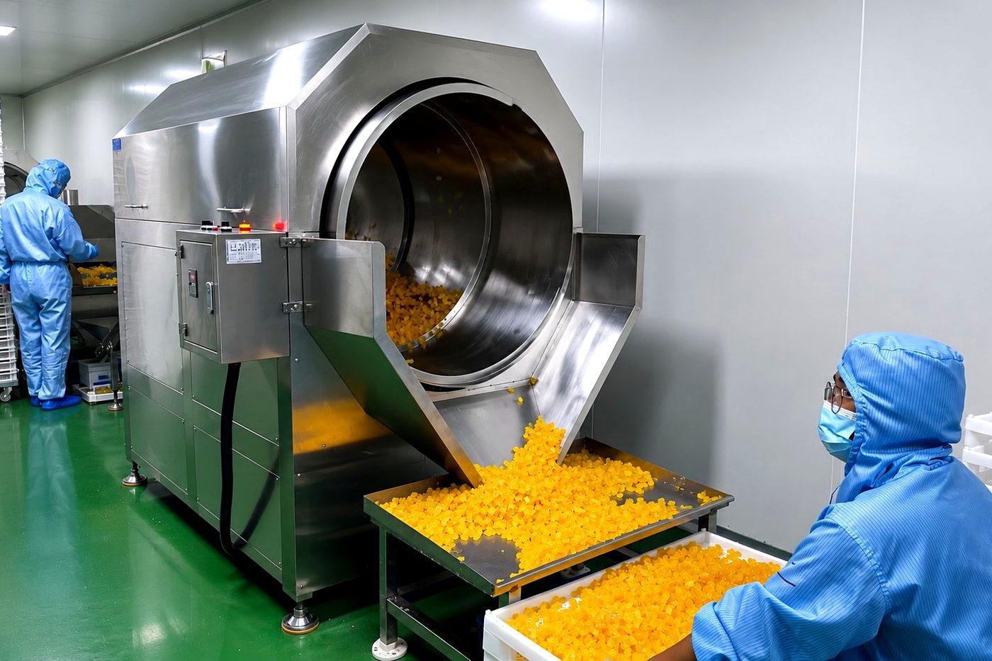 Gummy oil-coating drum with workers in cleanroom suits